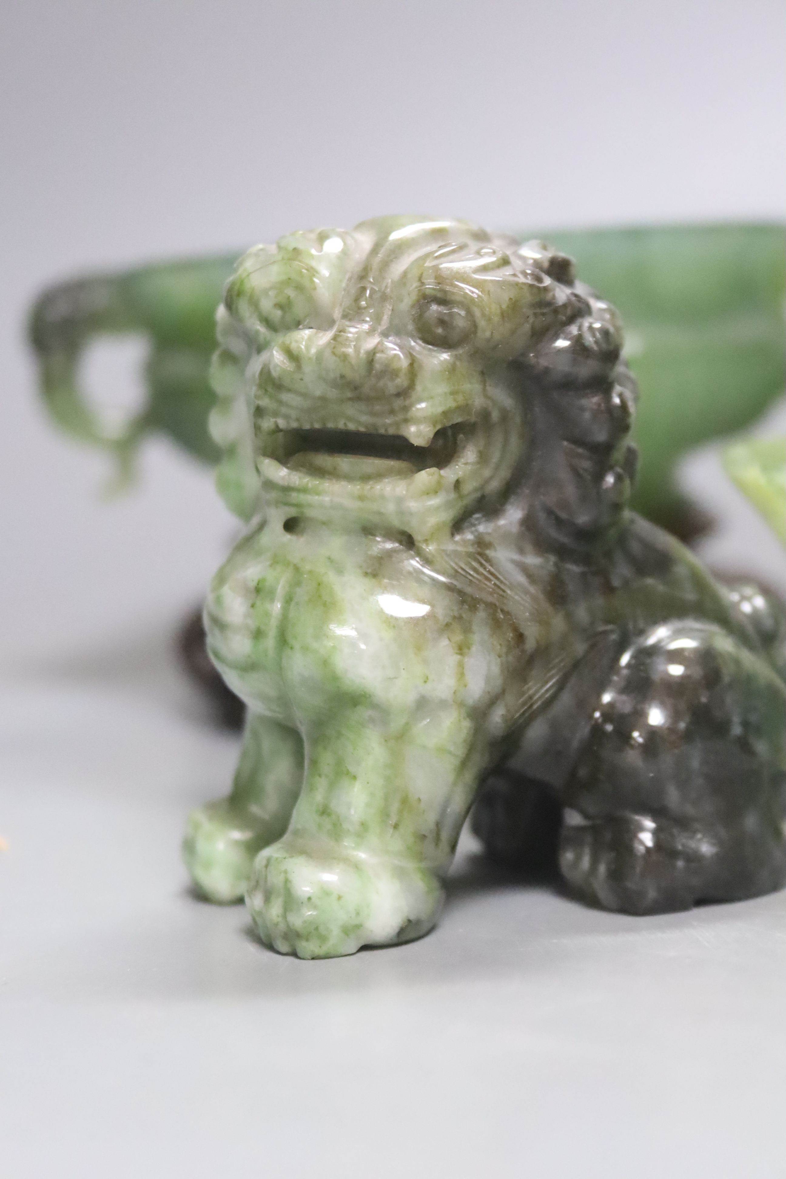 A pair Chinese jadeite temple dogs, two carved hardstone censers and a bowl, largest censer 16cm